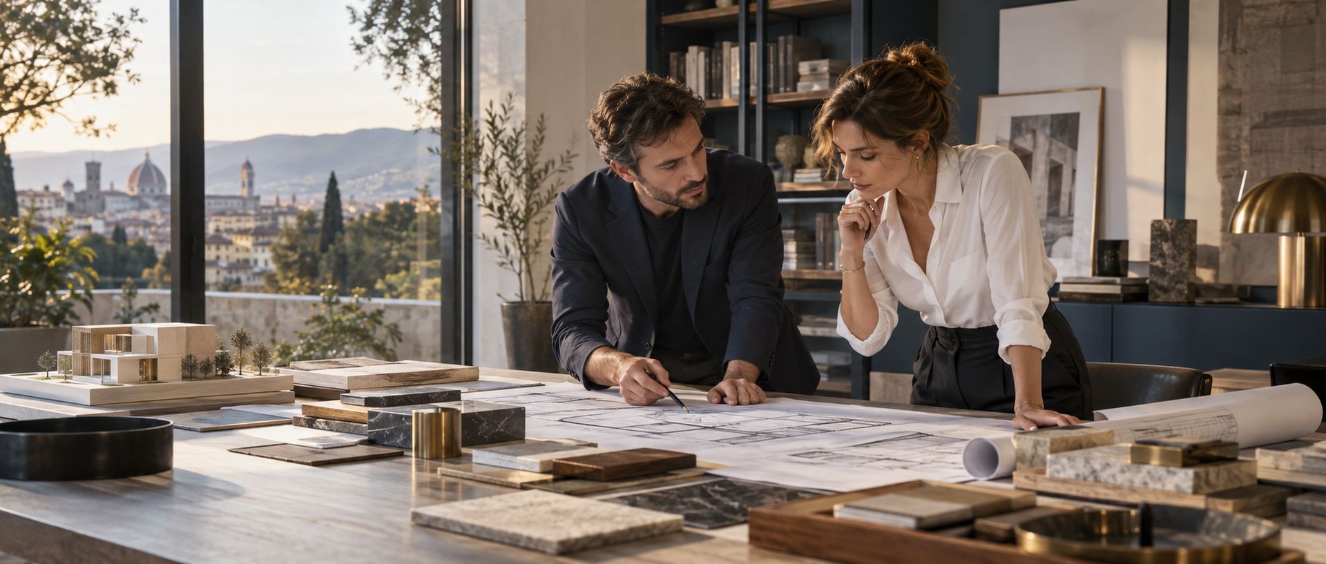 Un Architetto e una Interior Designer studiano una tavola di progetto con campioni di materiali, in uno studio affacciato su Firenze